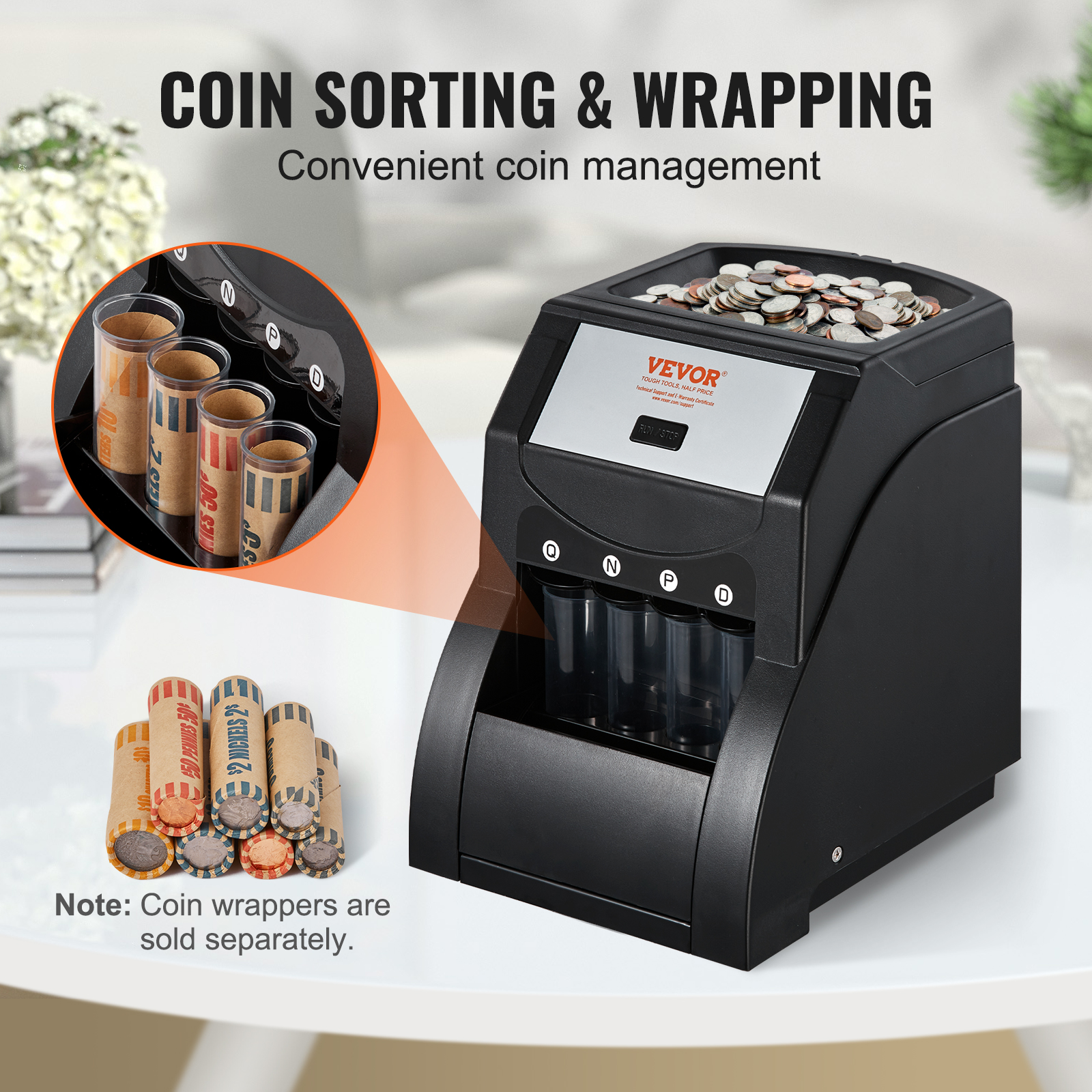 VEVOR USD Coin Sorter Wrapper and Roller 230/300 Coins/min 4 Coin Tubes