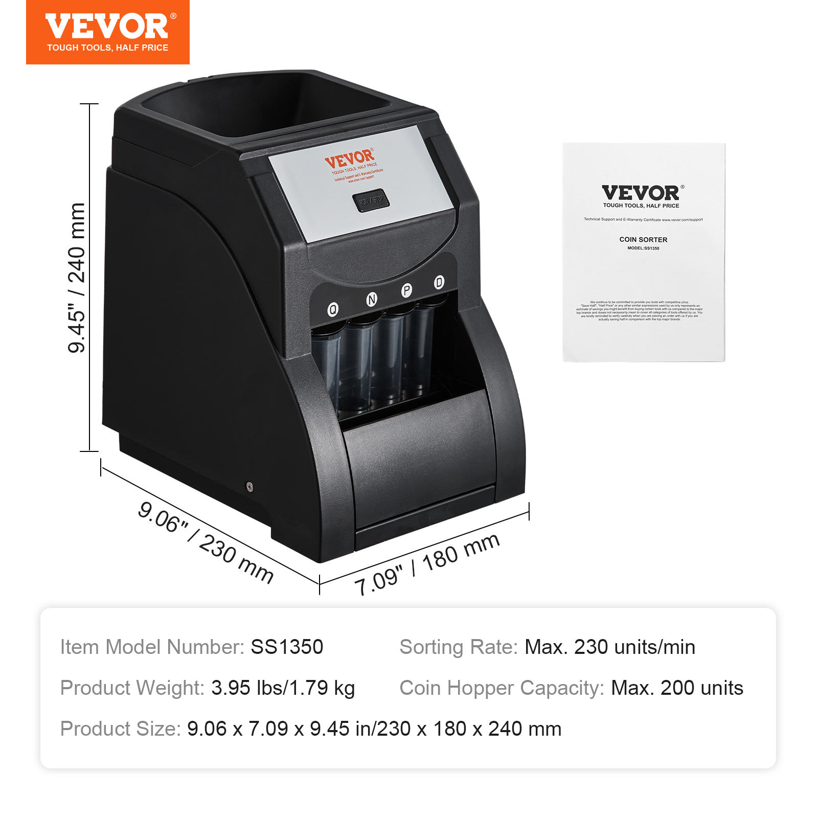 VEVOR USD Coin Sorter Wrapper and Roller 230/300 Coins/min 4 Coin Tubes