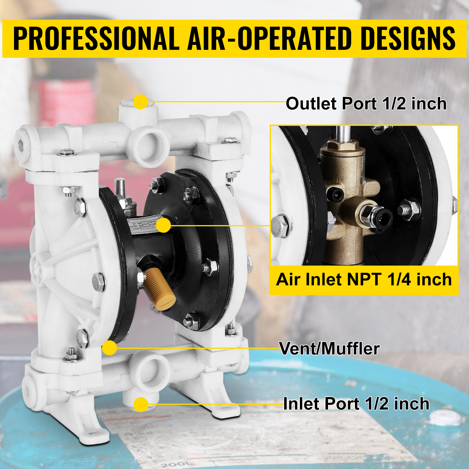 VEVOR Air-Operated Double Diaphragm Pump 1/2 inch Inlet Outlet
