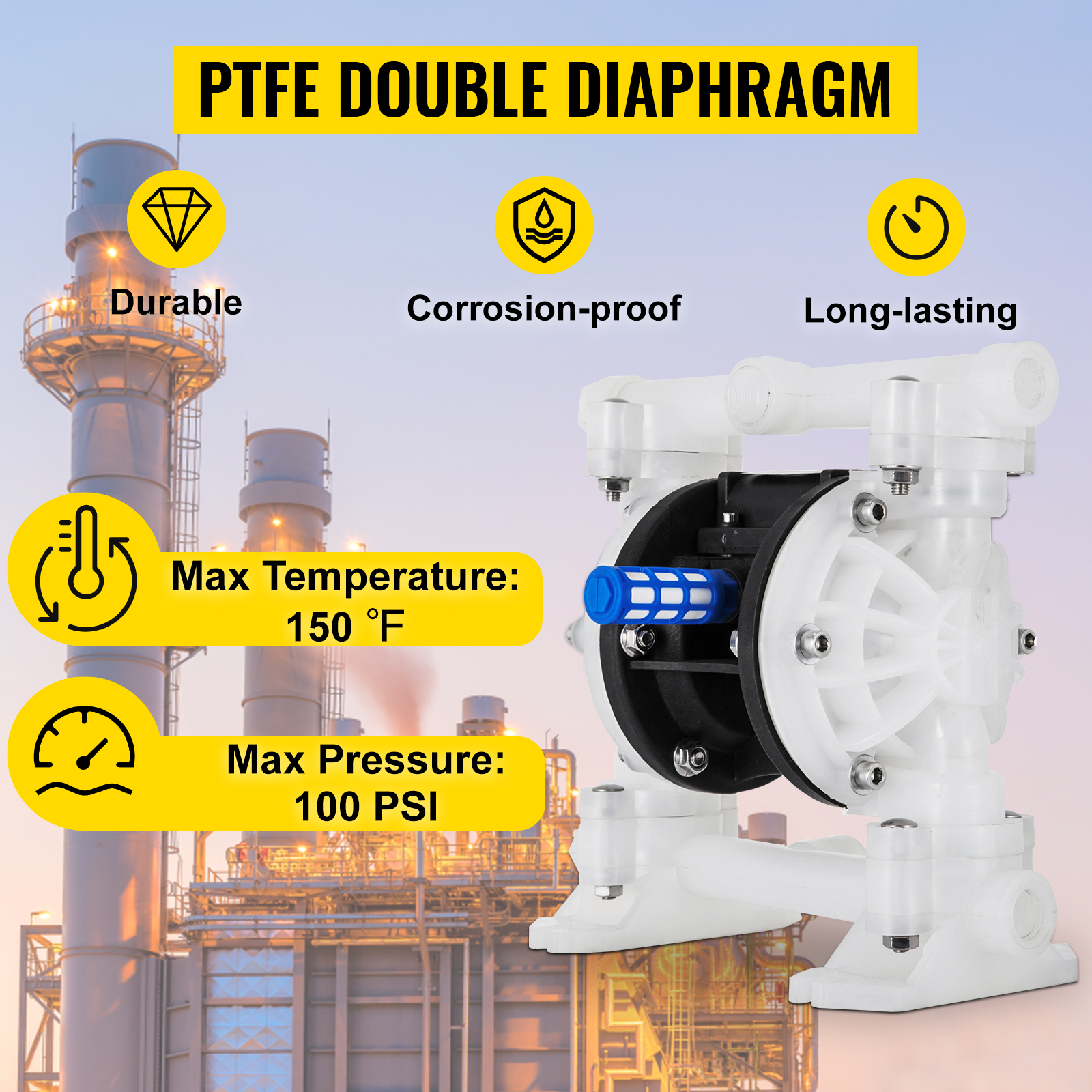 VEVOR Air-Operated Double Diaphragm Pump 1/2 inch Inlet Outlet, Diaphragm  Air Pump Cast Iron 12 GPM, Air Diaphragm Pump Max 120PSI for Chemical