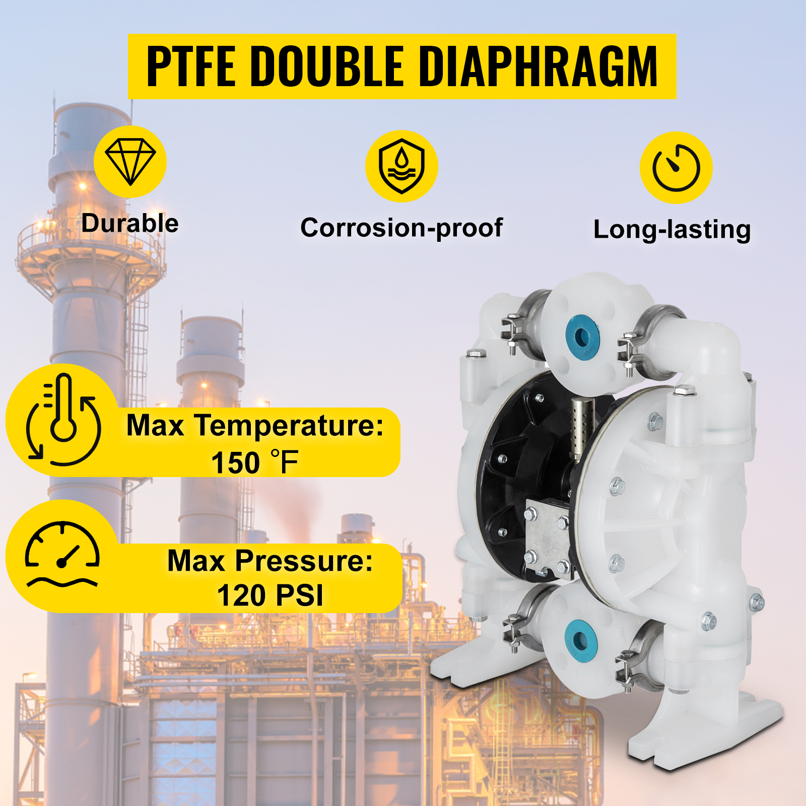VEVOR Air-Operated Double Diaphragm Pump, 1/2 in Inlet & Outlet,  Polypropylene Body, 13.2 GPM & Max 120PSI, PTFE Diaphragm Pneumatic  Transfer Pump for Petroleum, Diesel, Oil & Low Viscosity Fluids