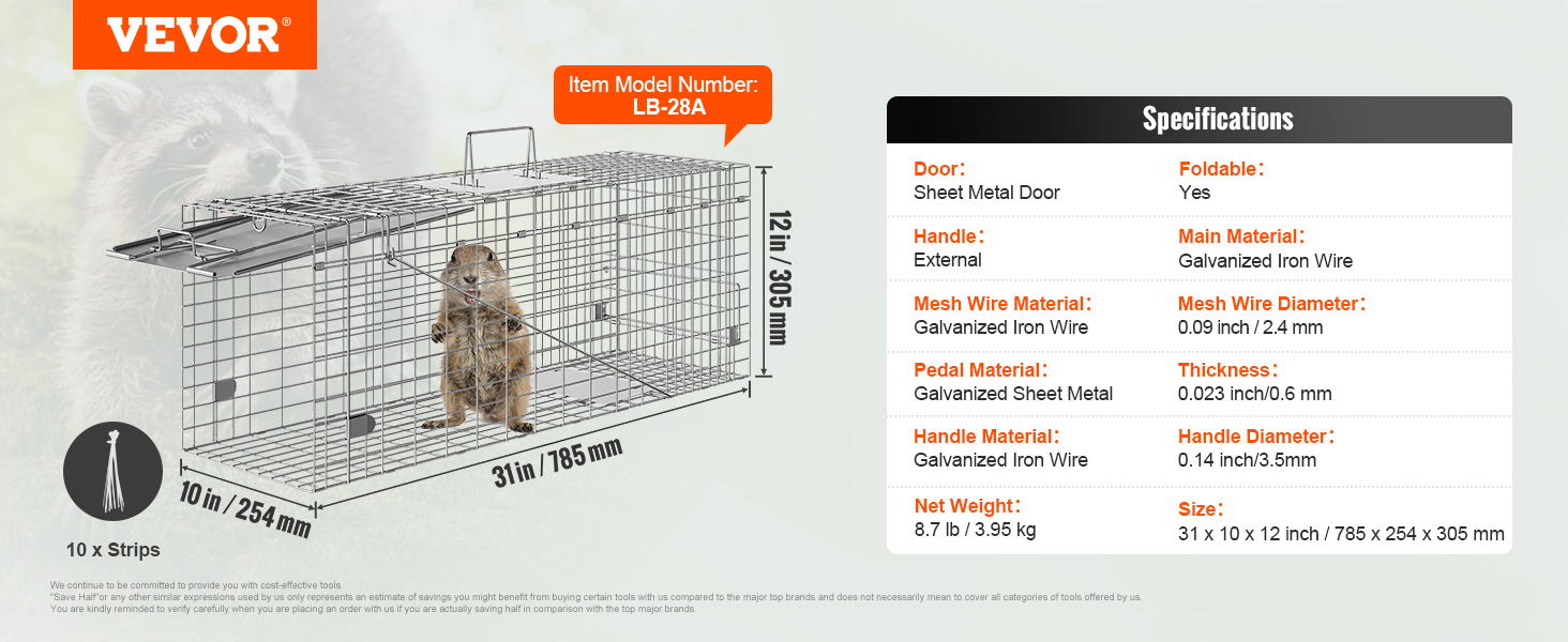 Trampa de jaula para animales vivos, 31 x 10 x 12 pulgadas, trampa para  gatos humanitarios de hierro galvanizado, trampa plegable para animales con