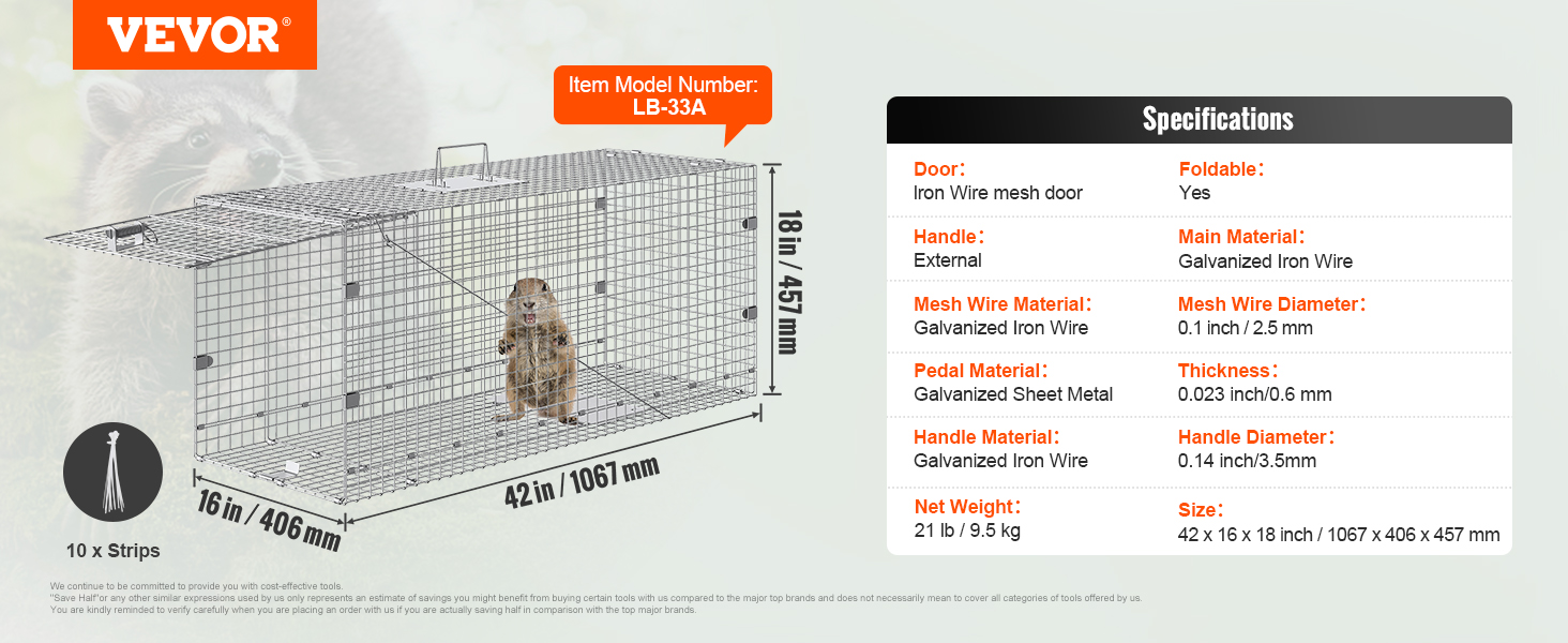 VEVOR Live Animal Cage Trap, 50 x 20 x 26 Humane Cat Trap
