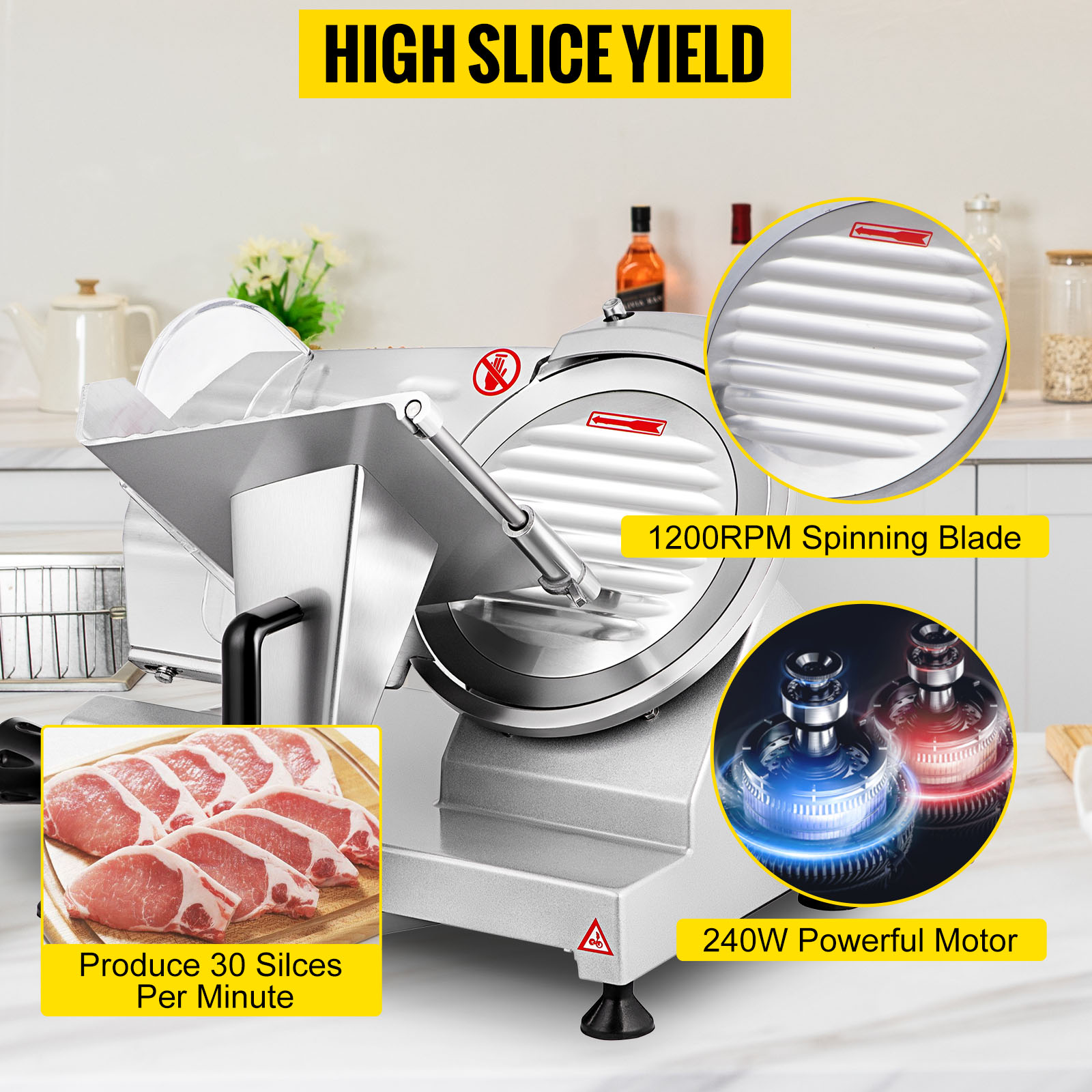 VEVOR Commercial Meat Slicer, 240W Electric Deli Food Slicer, 1200RPM Meat  Slicer with 8'' Chromium-plated Steel Blade, 0-12mm Adjustable Thickness  Electric Meat Slicer for Home & Commercial Use