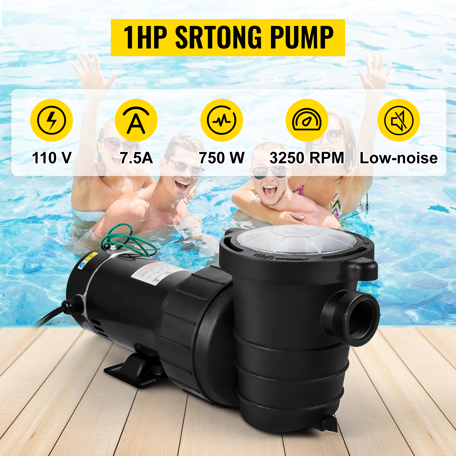 VEVOR Swimming Pool Pump, 1HP 110V 5220GPH Self-priming Up to 36ft Head Lift, for In/Above Ground Pool Water Circulation, w/ Strainer Basket and 2pcs 1-1/2'' NPT Connectors, UL Certified | VEVOR