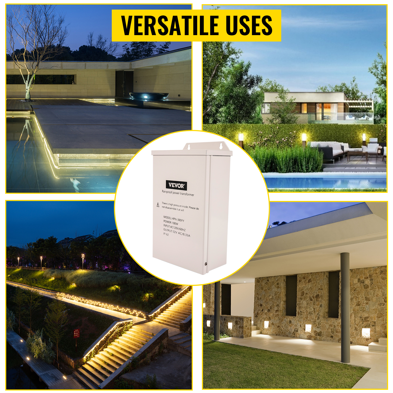 VEVOR Pool Light Transformer, 100 Watt Outdoor Landscape Lighting Transformer, 12V AC Pool Light Transformer, Pool/Spa/Landscape Lighting, Spotlight, Pathway Light, LED Compatible, Weatherproof