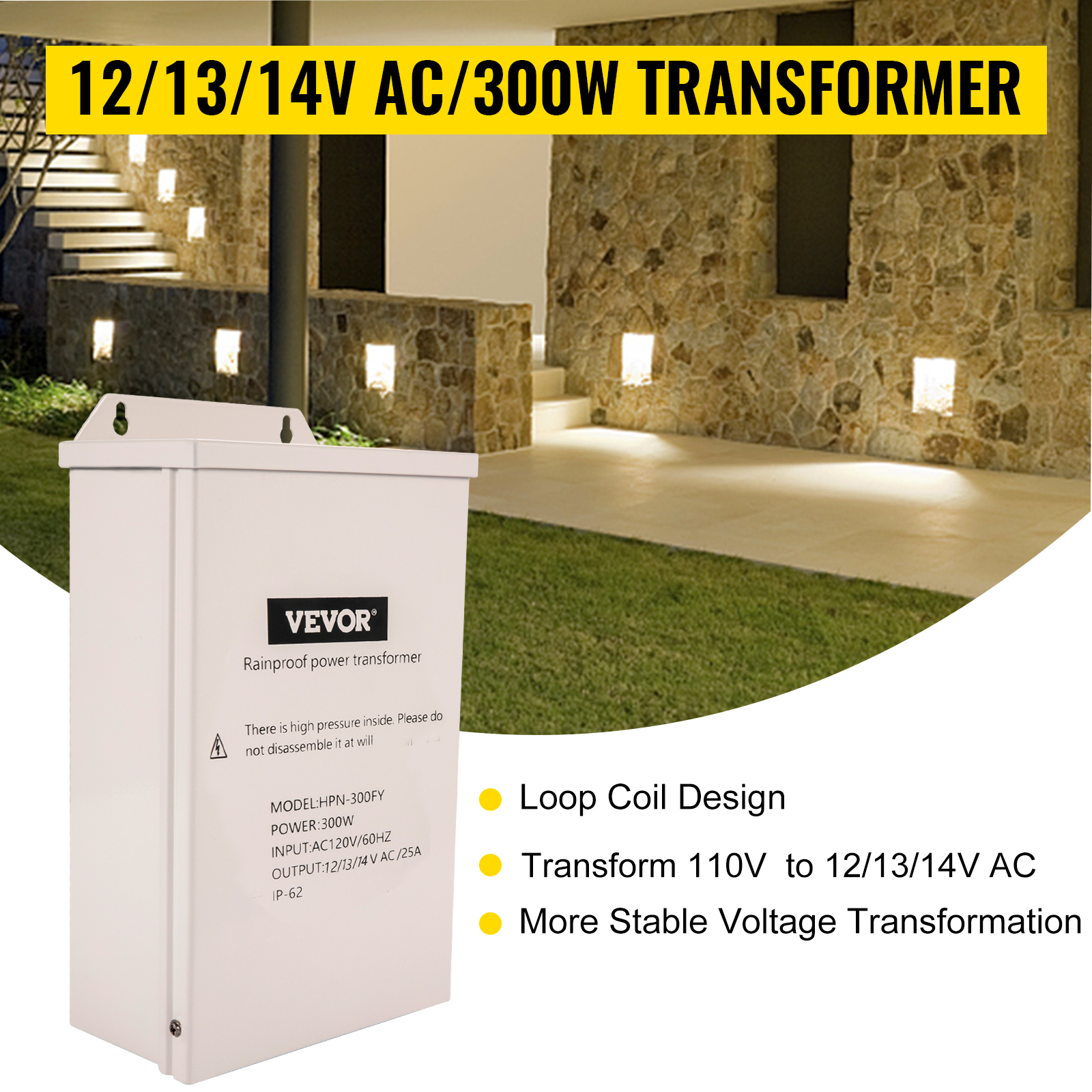 VEVOR Pool Light Transformer, 300 Watt Outdoor Landscape Lighting Transformer, Multi-Tap 12/13/14V AC Pool Light Transformer, Pool/Spa/Landscape Lighting, Path Light, LED Compatible, Weatherproof