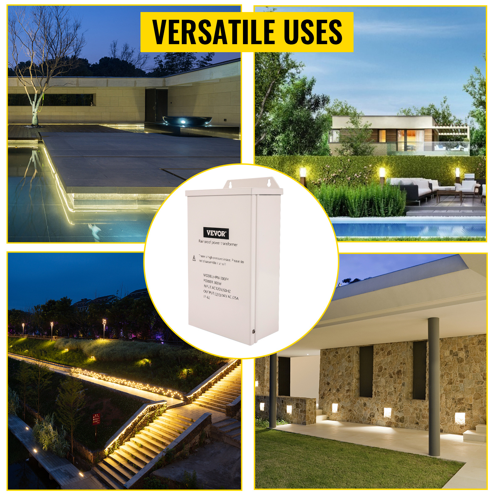 VEVOR Pool Light Transformer, 300 Watt Outdoor Landscape Lighting Transformer, Multi-Tap 12/13/14V AC Pool Light Transformer, Pool/Spa/Landscape Lighting, Path Light, LED Compatible, Weatherproof
