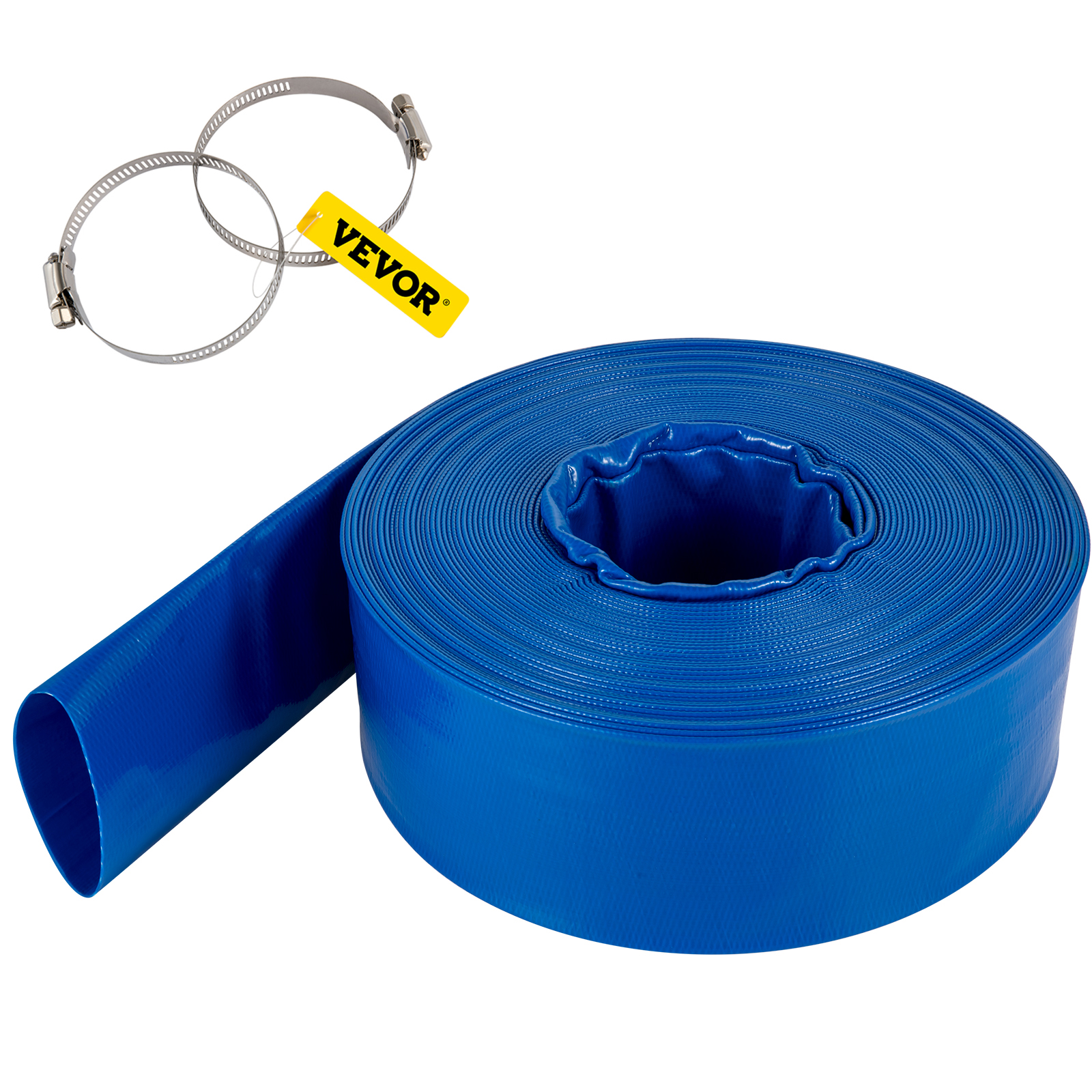 VEVOR Discharge Hose, 2 x 105', PVC Fabric Lay Flat Hose, Heavy Duty Backwash  Drain Hose with Clamps, Weather-proof & Burst-proof, Ideal for Swimming Pool  & Water Transfer, Blue