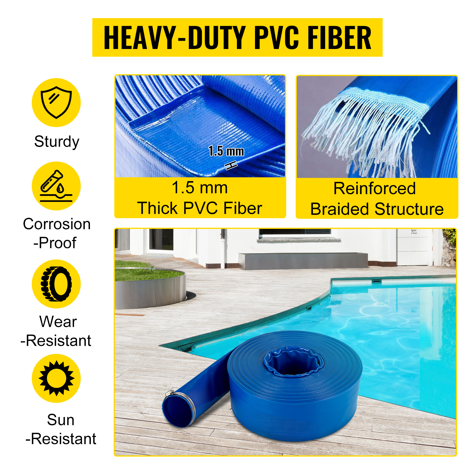 VEVOR Discharge Hose, 2 x 105', PVC Fabric Lay Flat Hose, Heavy Duty  Backwash Drain Hose with Clamps, Weather-proof & Burst-proof, Ideal for Swimming  Pool & Water Transfer, Blue