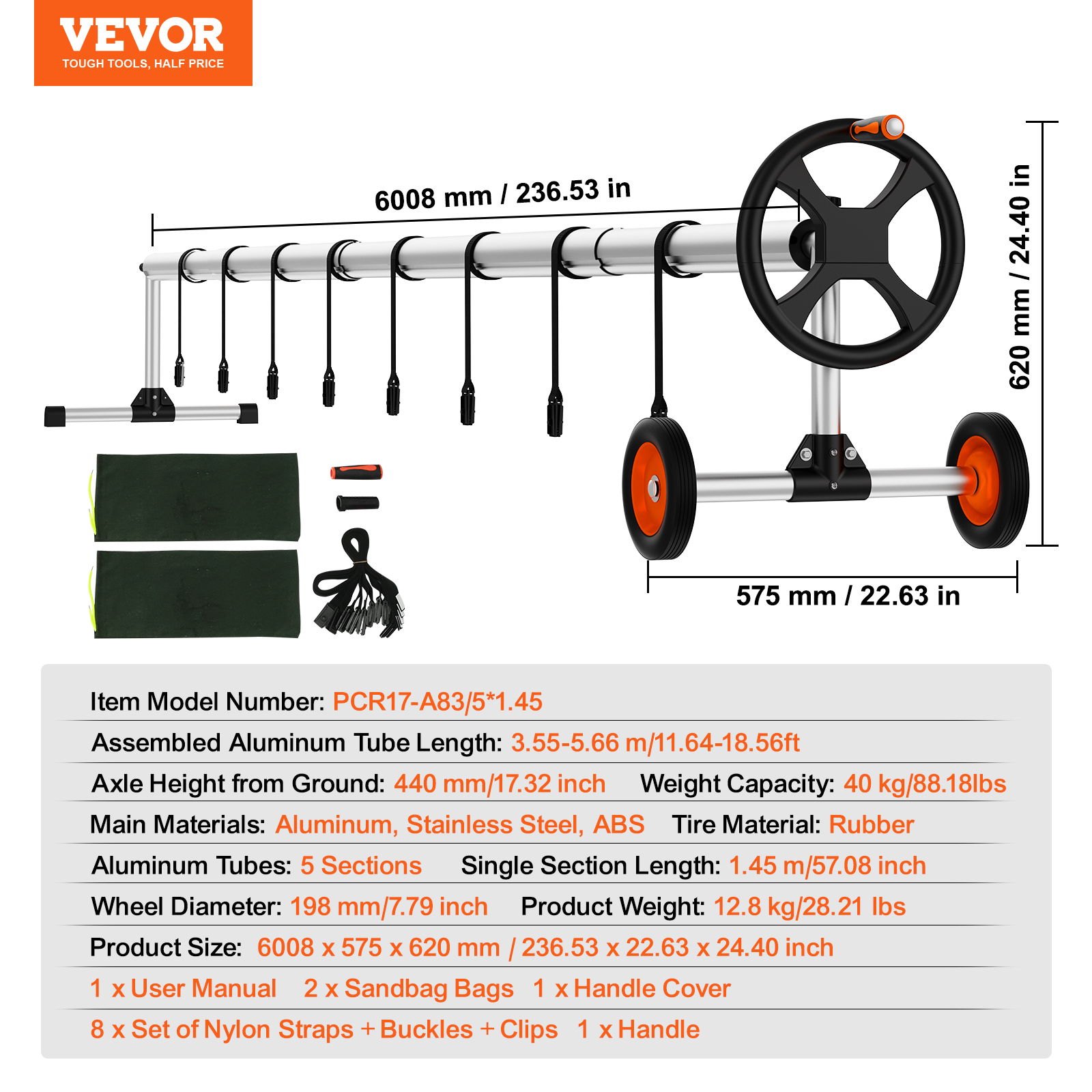 VEVOR Pool Cover Reel Aluminum Solar Cover Reel for Inground Pools 22/18 ft - Imagen 21 de 26