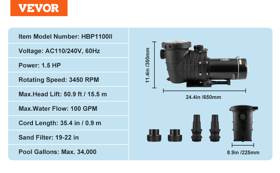 VEVOR Above Ground Pool Pup, 1.5 HP, 100 GP Single Speed Swiing
