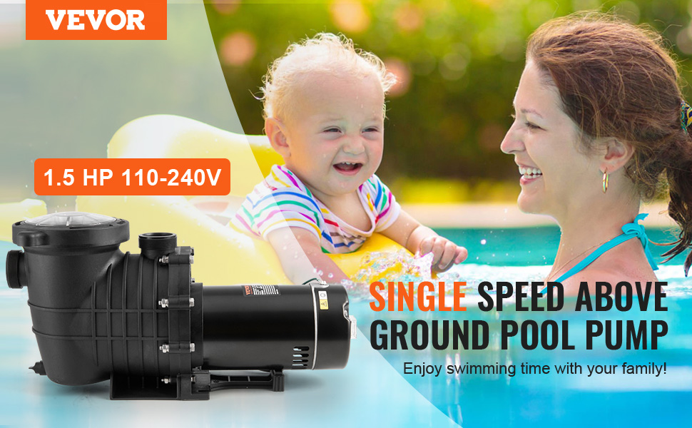 VEVOR Above Ground Pool Pump, 1.5 HP, 100 GPM Single Speed Swimming