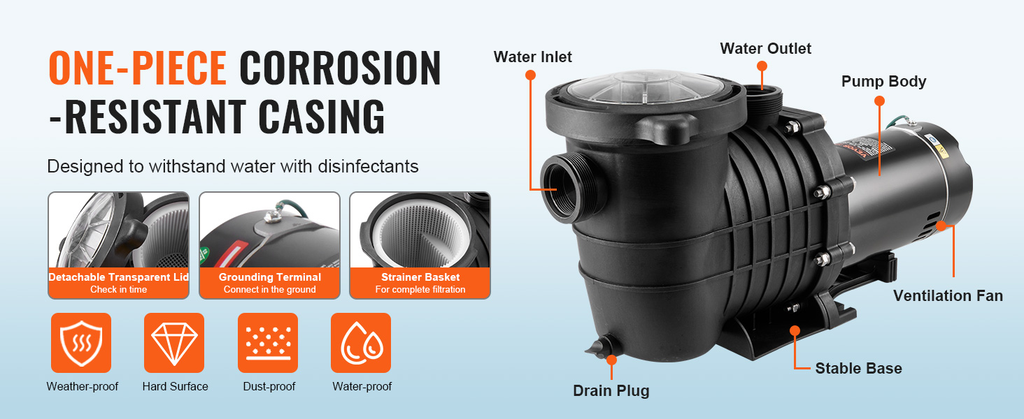 VEVOR Above Ground Pool Pump, 1.5 HP, 100 GPM Single Speed Swimming
