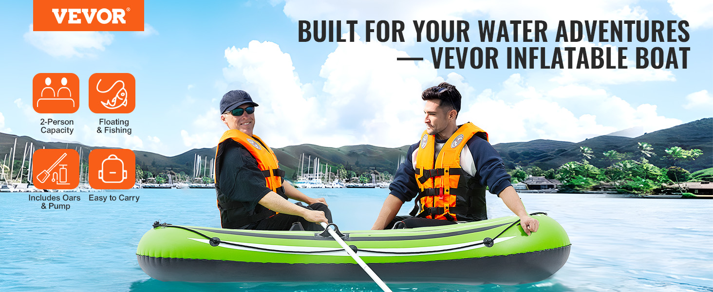 VEVOR Inflatable Boat 2 Person Fishing Boat, Heavy Duty Portable PVC Raft  Kayak, Includes 45.6 Inch Aluminum Oar, High Performance Pump and Fishing