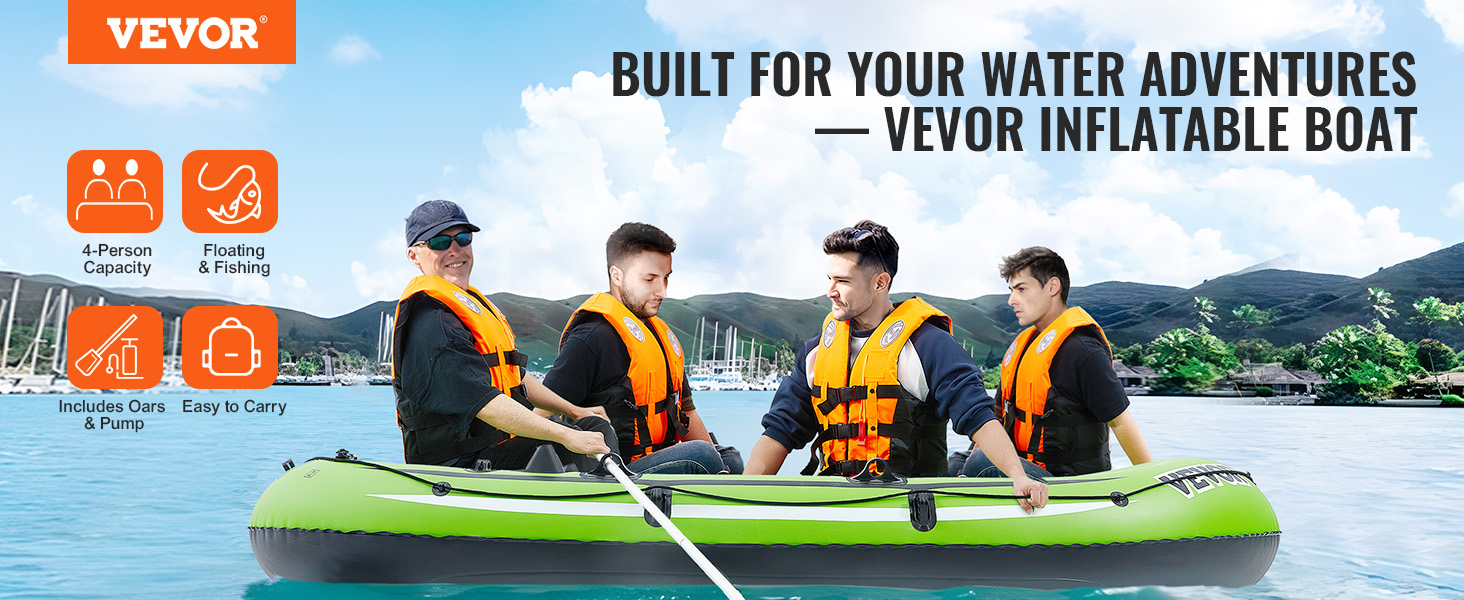 VEVOR VEVOR Inflatable Boat, 4-Person Inflatable Fishing Boat, Strong PVC  Portable Boat Raft Kayak, 45.6 Aluminum Oars, High-Output Pump, Fishing  Rod Holders, and 2 Seats, 1100 lb Capacity for Adults, Kids
