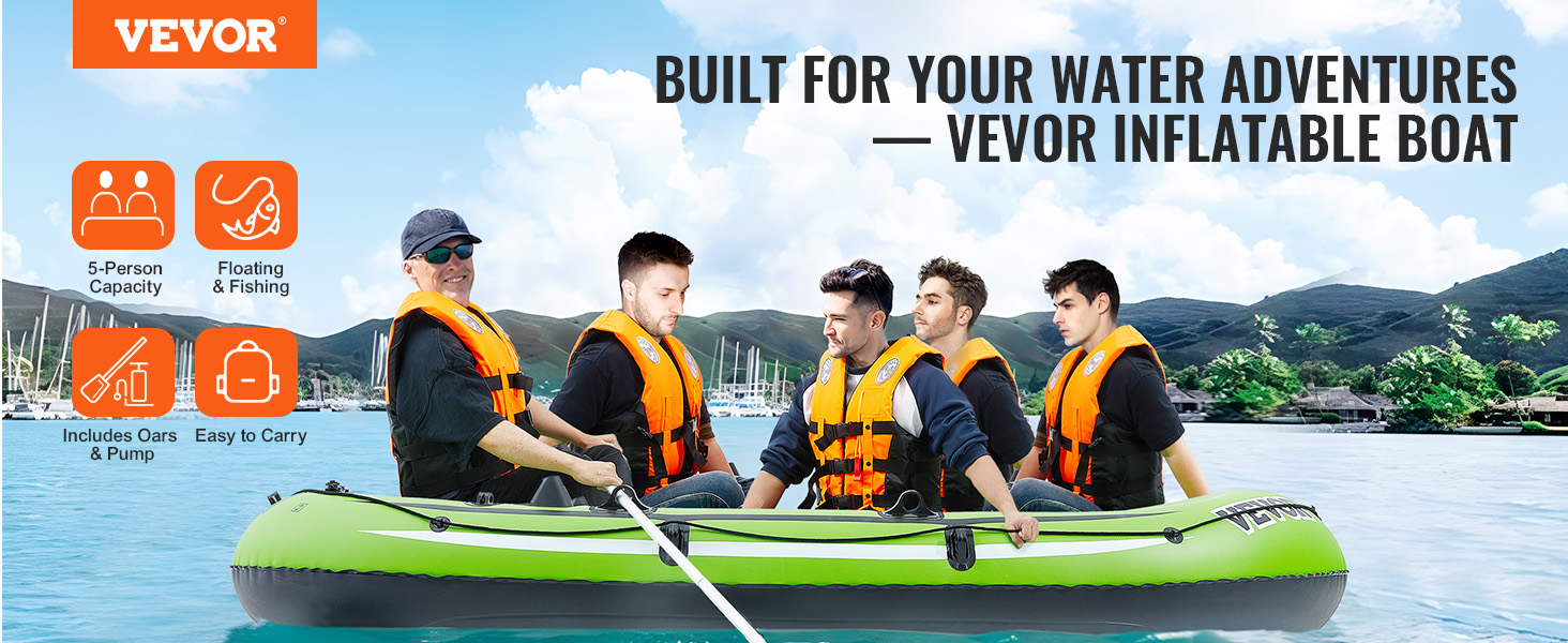 VEVOR Inflatable Boat, 5-Person Inflatable Fishing Boat, Strong PVC  Portable Boat Raft Kayak, 45.6 Aluminum Oars, High-Output Pump, Fishing  Rod Holders, and 2 Seats, 1100 lb Capacity for Adults, Kids