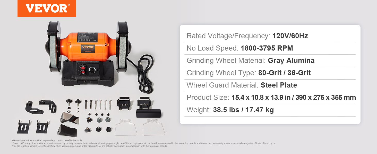 VEVOR Bench Grinder, 8 inch Variable Speed Bench Grinder with 5.0A Brushless Motor 1800-3795 RPM, Table Grinder with Cast-aluminum Tool Rest for Heavy Duty Sharpening Grinding Application