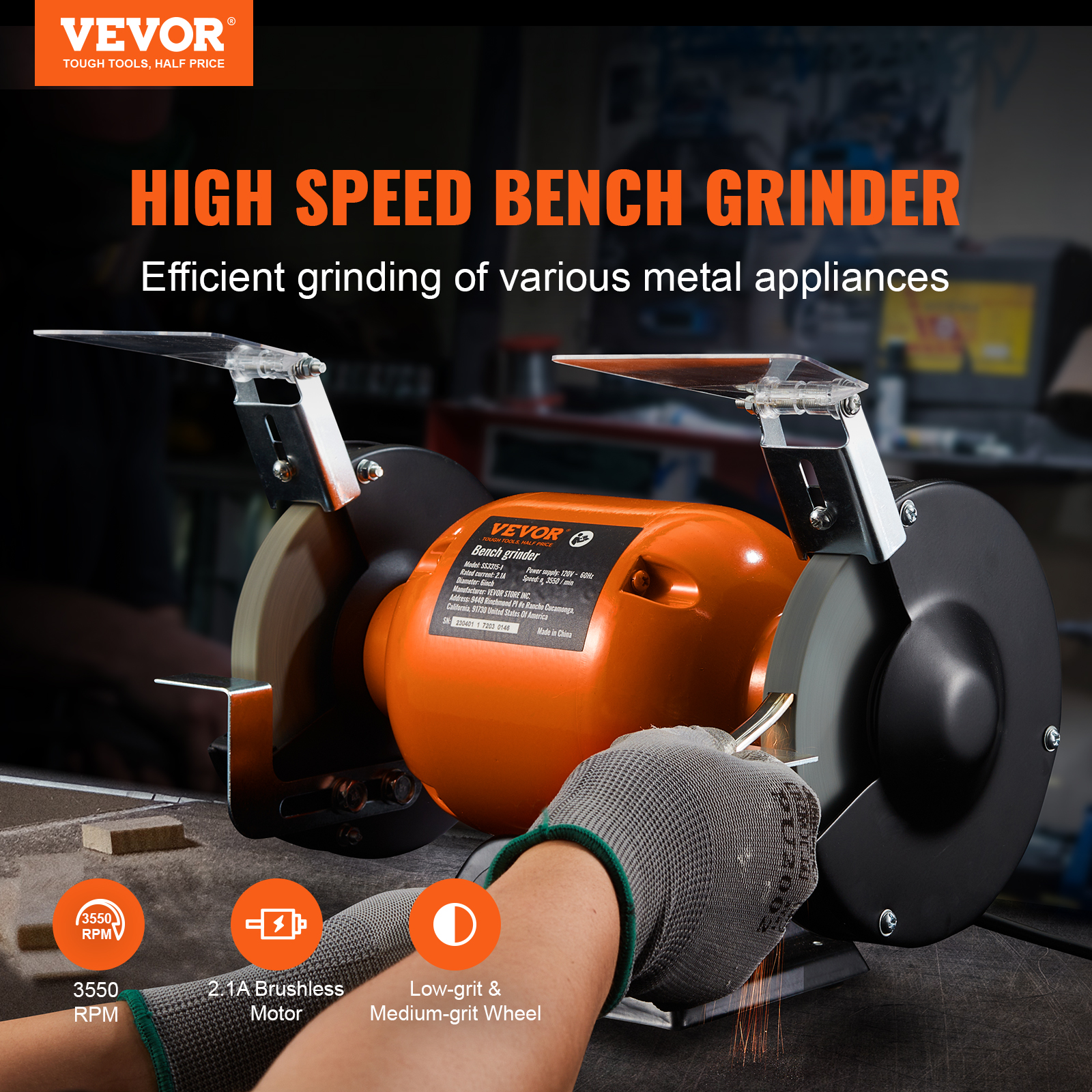 VEVOR 6-Inch Single Speed Bench Grinder 2.1 A 3550RPM 36/80-Grit Grinding Wheels