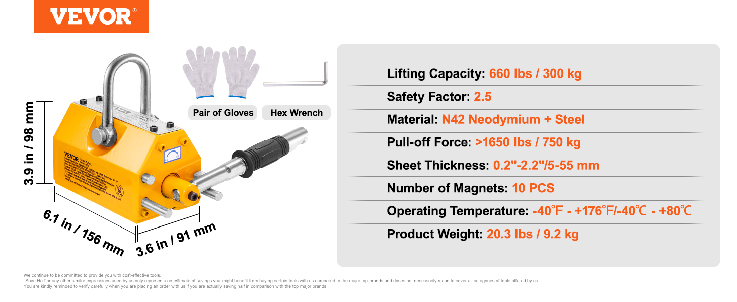 Magnetic lifter,660 lbs/300 kg,2.5 safety factor