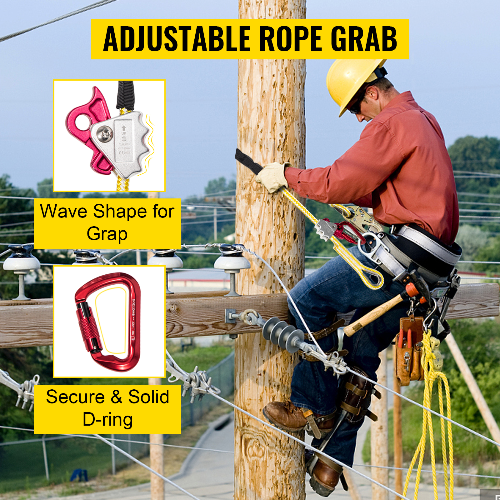 VEVOR Positioning Lanyard, 1/2 inch x 10 ft Positioning Rope, Polyester Arborist Lanyard for Tree Climber, Adjustable Work Position Lanyard for Fall protection with Rope Grab, Snap Hook, D-ring 