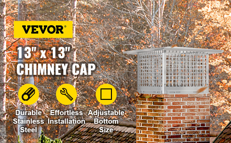 VEVOR Chimney Cap, 13" x 13" Flue Caps, 304 Stainless Steel Fireplace Chimney Cover, Adjustable Metal Spark Arrestor with Bolts Screws, Mesh Chimney Flue Cover for Outside Existing Clay Flue Tile