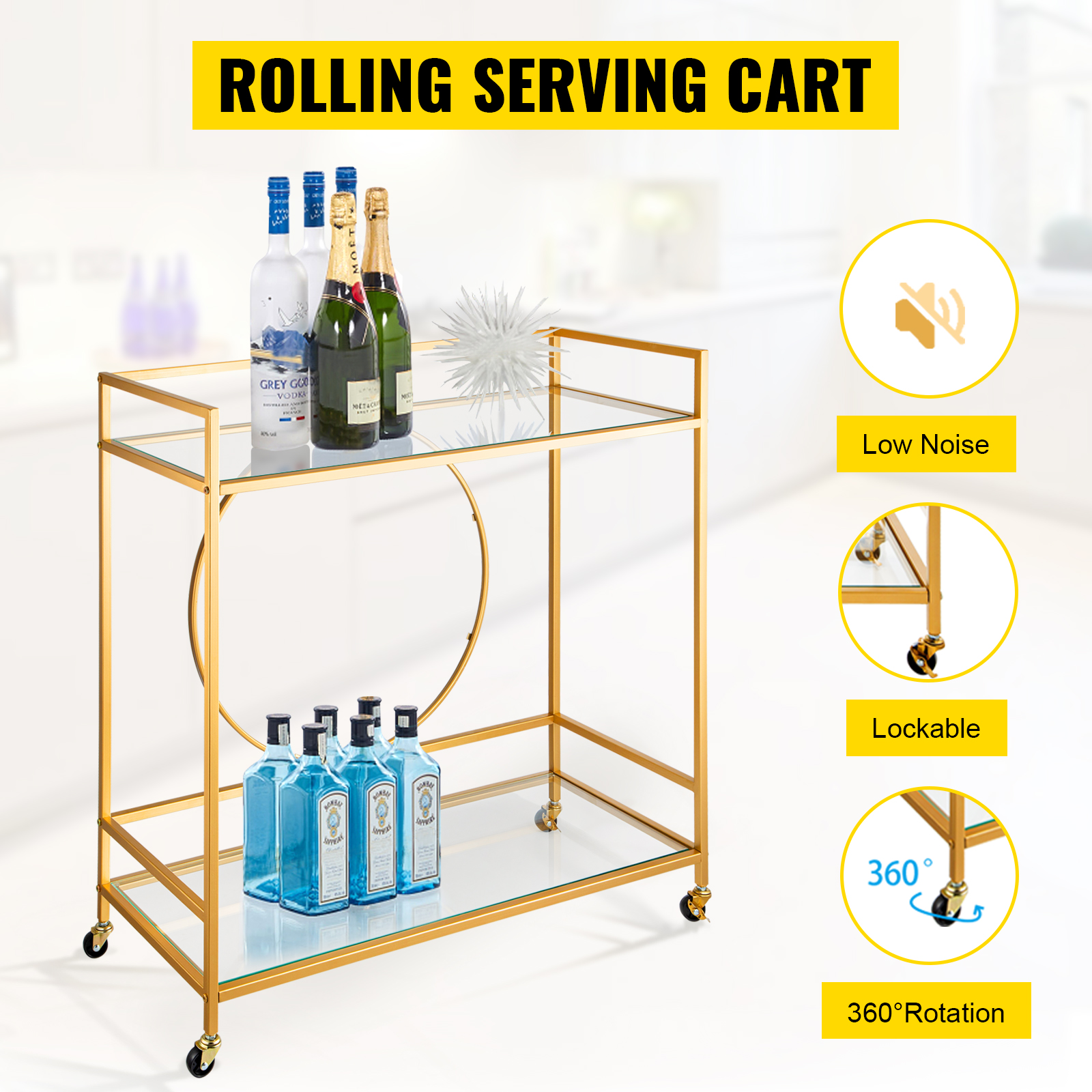 2 Tier Rolling Serving Cart Kitchen Bar Cart w/ Glass Shelves ＆ Gold Metal Frame 