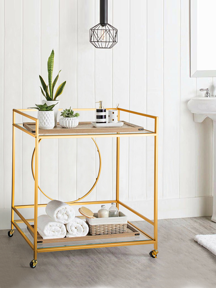 VEVOR Bar Cart, Two Tier Serving Cart, Gold Finish Wine Cart, Rolling