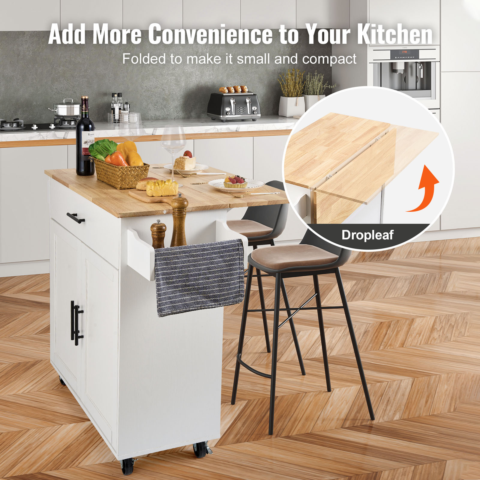 Drop-Leaf Kitchen Island Trolley Cart Wood Storage Cabinet w/ Drawers/Rack - Picture 31 of 110