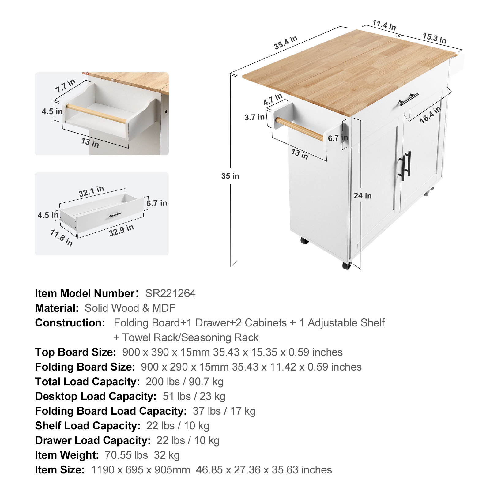 Drop-Leaf Kitchen Island Trolley Cart Wood Storage Cabinet w/ Drawers/Rack - Picture 33 of 110