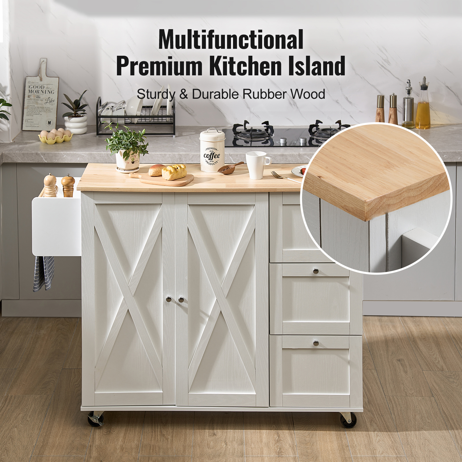 Drop-Leaf Kitchen Island Trolley Cart Wood Storage Cabinet w/ Drawers/Rack - Picture 16 of 110