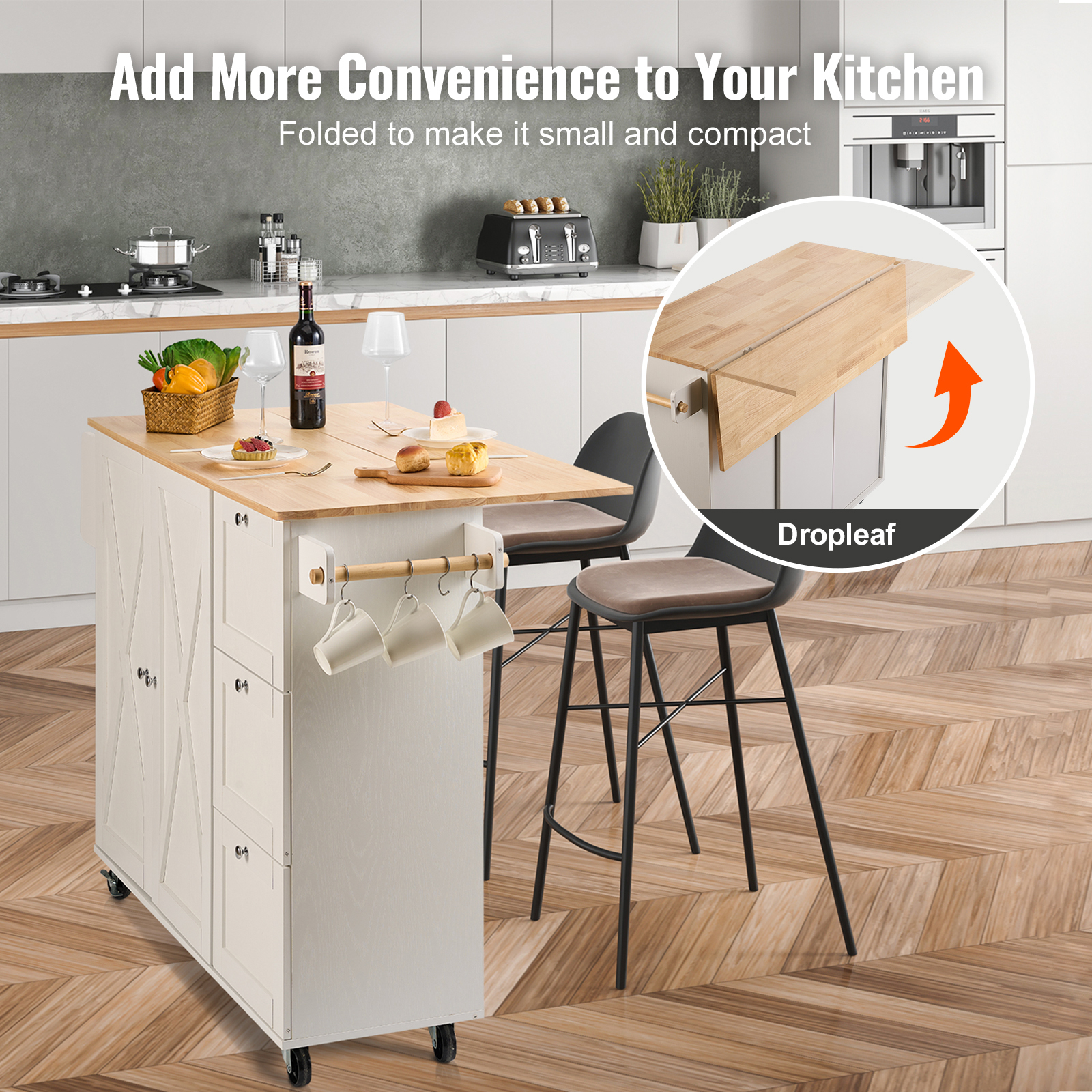Drop-Leaf Kitchen Island Trolley Cart Wood Storage Cabinet w/ Drawers/Rack - Picture 20 of 110