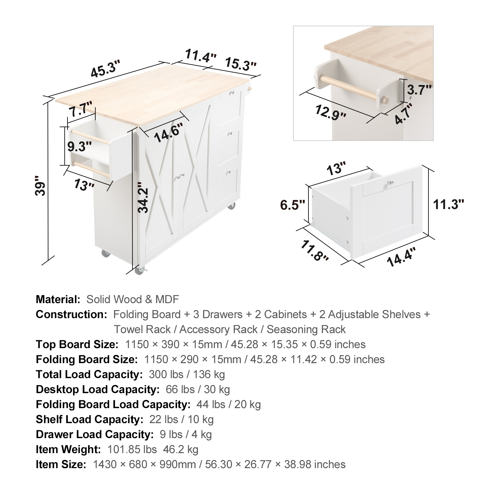 Drop-Leaf Kitchen Island Trolley Cart Wood Storage Cabinet w/ Drawers/Rack - Picture 21 of 110