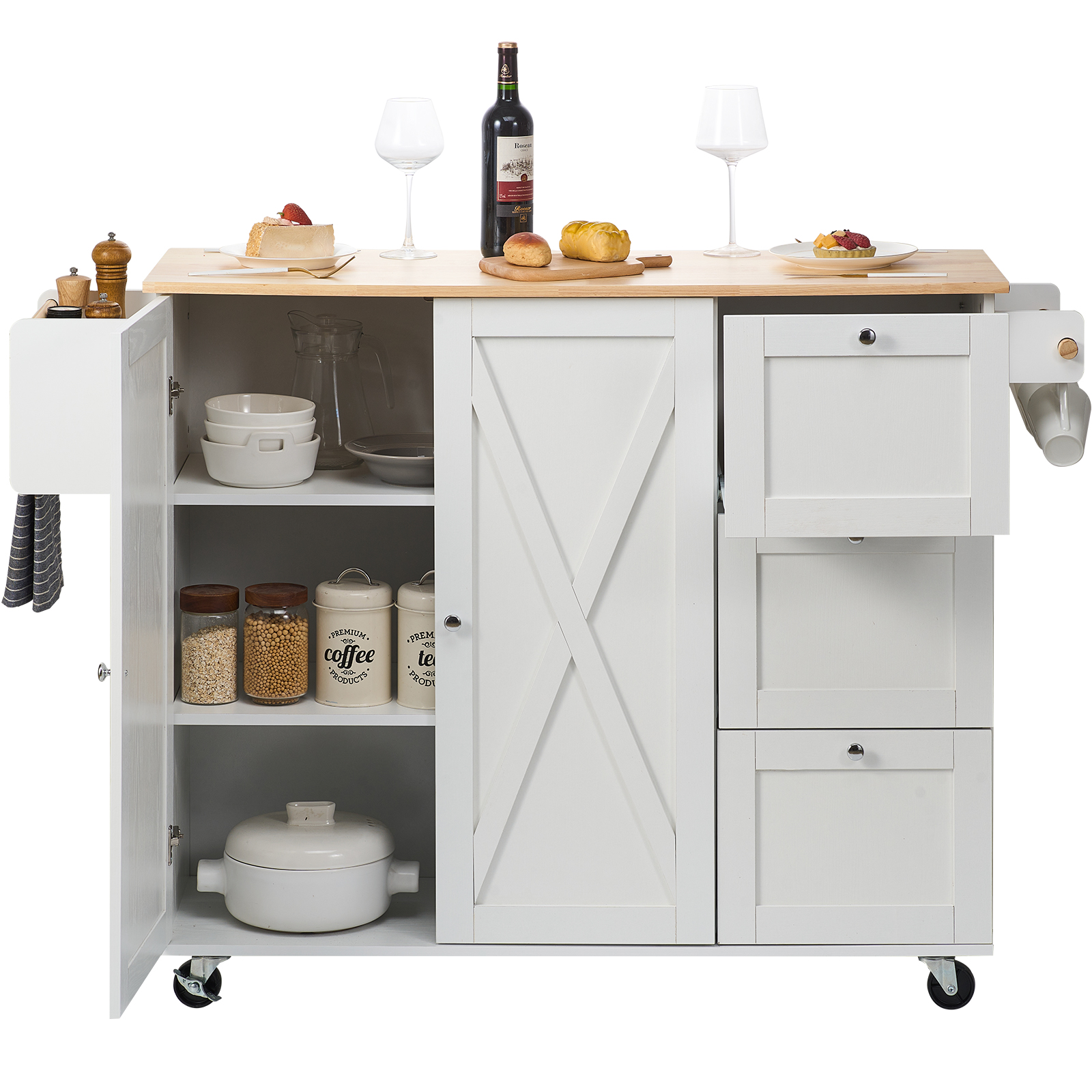 Drop-Leaf Kitchen Island Trolley Cart Wood Storage Cabinet w/ Drawers/Rack - Picture 25 of 110