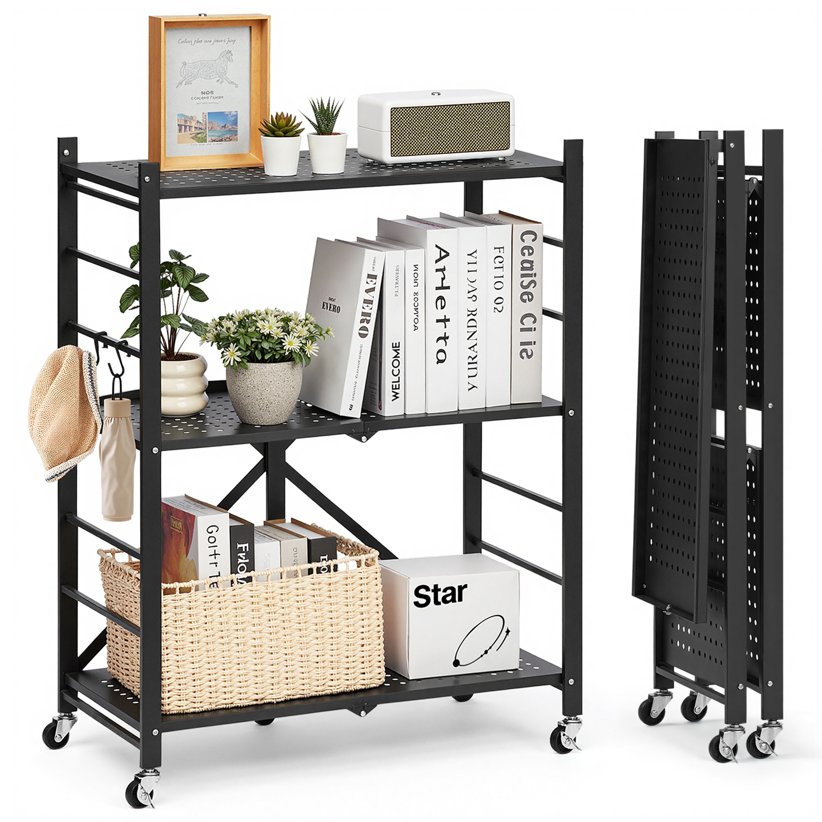 VEVOR Folding Storage Shelf with Wheels 3/4/5-Tier No Assembly Organizer Shelf