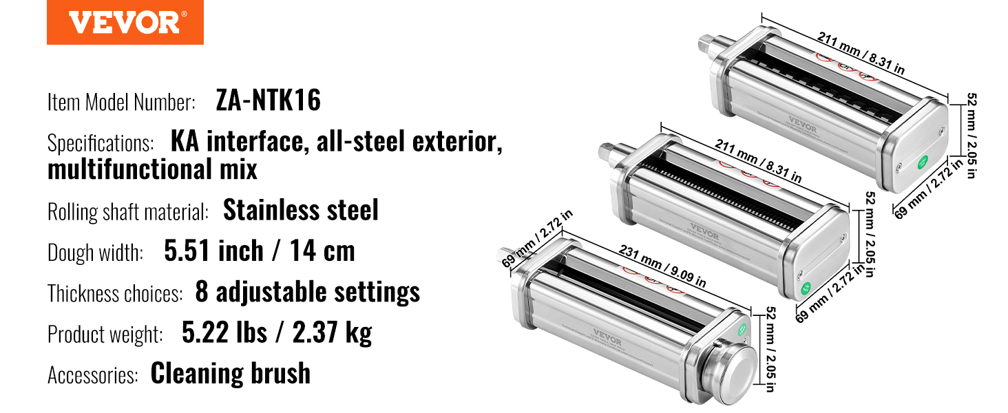 VEVOR Pasta Attachment for KitchenAid Stand Mixer, 3-IN-1 Stainless Steel Pasta  Roller Cutter Set Including Pasta Sheet Roller, Spaghetti and Fettuccine  Cutter, 8 Adjustable Thickness Knob Pasta Maker