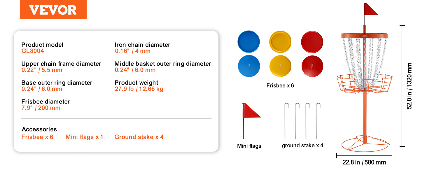 VEVOR Disc golfový koš, 24řetězový přenosný diskový golfový terč, Heavy Duty Steel Practice Disc Golf Basket Stojan Vybavení, Indoor & Outdoor Pro Golf Basket Set with 6 discs, Orange