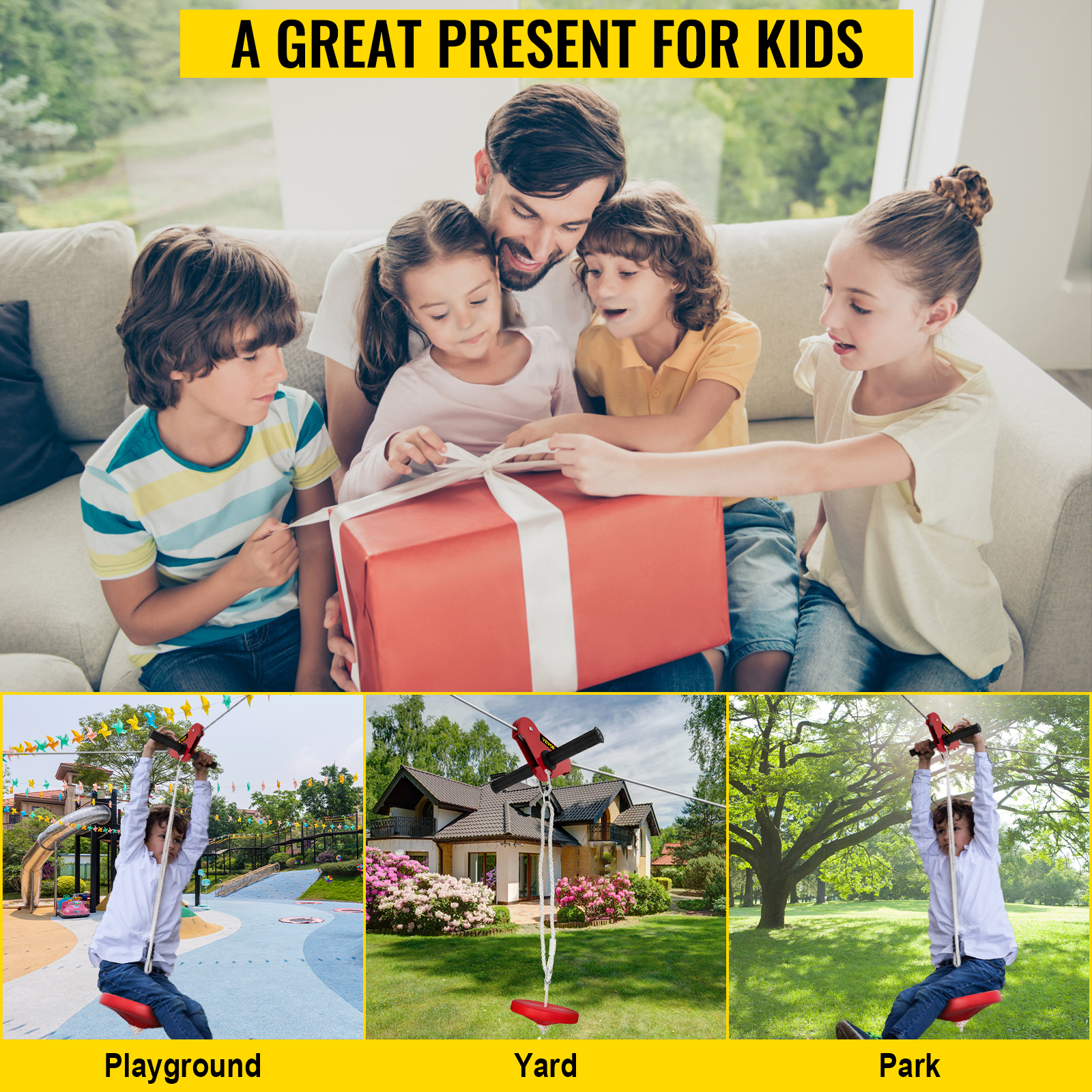 VEVOR Zip line Kits for Backyard 160FT, Zip Lines for Kid and Adult, Included Swing Seat, Zip Lines Brake, and Steel Trolley, Outdoor Playground Equipment