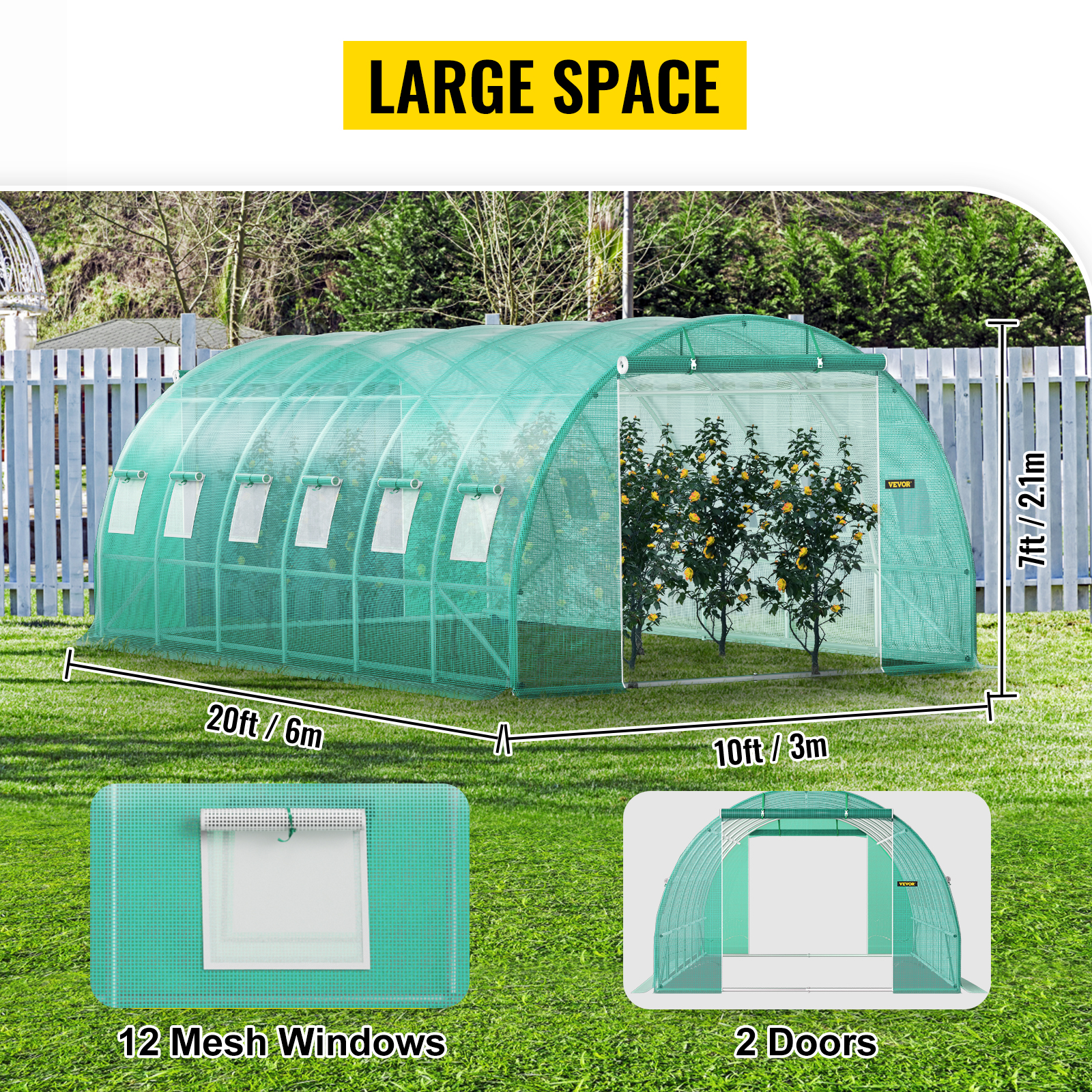 VEVOR íves tetős üvegház 6.1x3x2.1m fólia üvegház horganyzott acélkeret és PE ponyva üvegházhatású alagút vízálló és UV-álló paradicsom üvegház ideális növényi virágok termesztéséhez