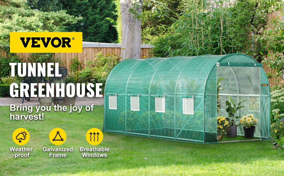 Tunnel Greenhouse,15 x 7 x 7 ft,Green
