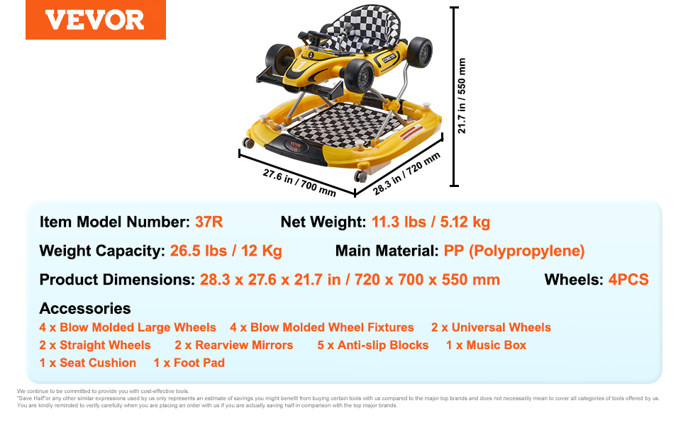 thumbnail image 2 of VEVOR 4-in-1 Foldable Baby Walker Activity Center - Adjustable Height, Ages 6-24 Months (Yellow) 2 of 5
