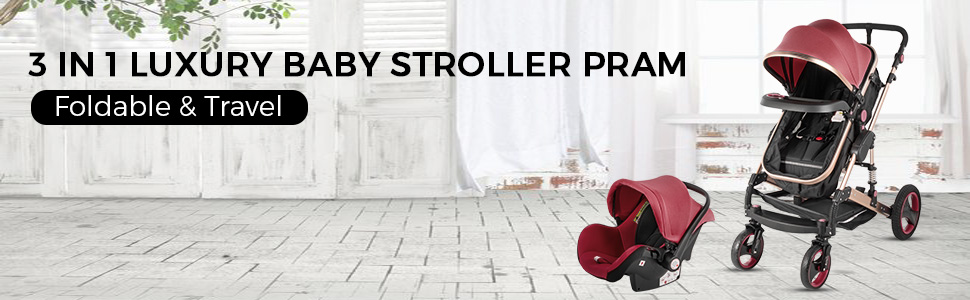 3 in 1 Luxury Foldable Baby Stroller High View Pram Pushchair Bassinet Car 