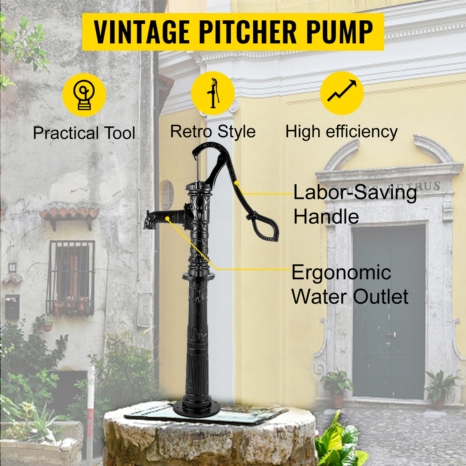 Manual Hand Water Pitcher Pump 25Ft Lift Cast Iron Hand Well Pump Suction  Black