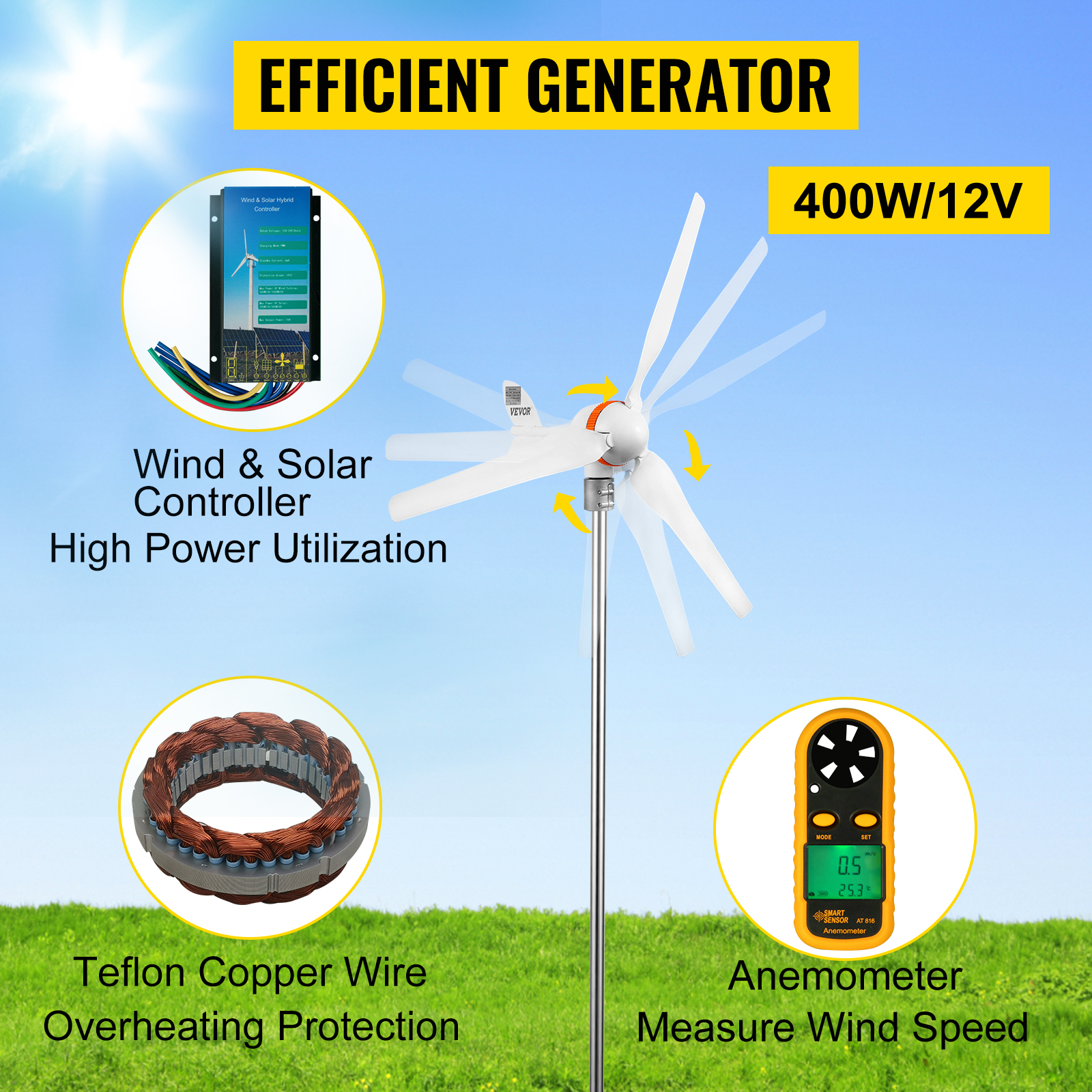VEVOR Wind&Solar Turbinengenerator 12V Windgenerator 400W mit
