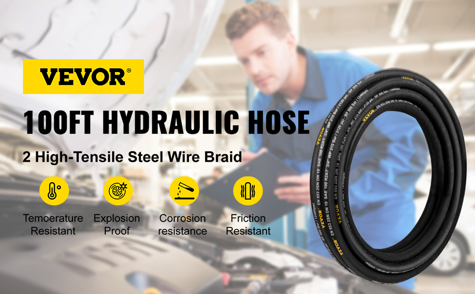 VEVOR Hydraulic Hose 1/4 inch x 100 ft, Coiled Hydraulic Hose 5800 PSI, Rubber Hydraulic Hose with 2 High-Tensile Steel Wire Braid, Bulk Hydraulic Hose -20℃ to 140℃, Hydraulic Oil Flexible Hose