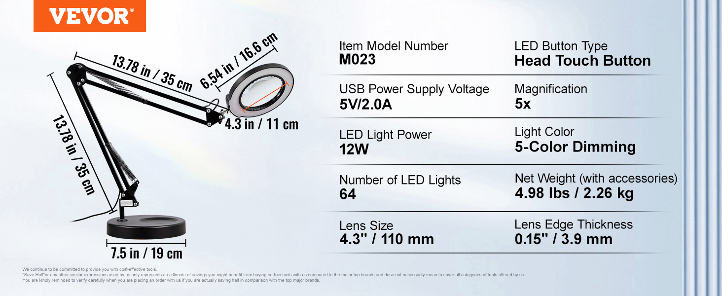 VEVOR Lámpara de Aumento 5X 64 LED en 5 Colores y 5 Brillo Ajustable Lupa  de Lectura con Iluminación y Abrazadera Lente de Vidrio 11 cm para Trabajos  de Precisión Reparación Costura Reloj Artesanía