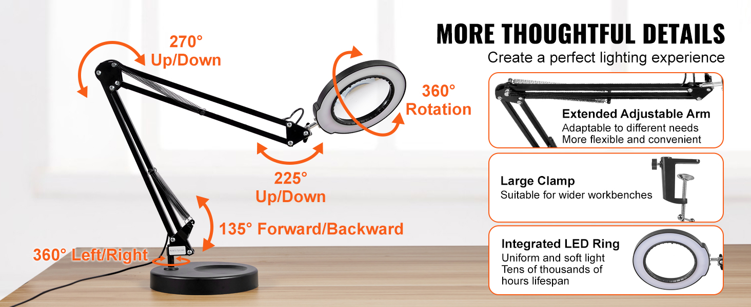 Lampada Da Scrivania Con Lente D'Ingrandimento 5X E Pinza – 12W LED, 3 Colori E 10 Luminosità, Braccio Regolabile 370mm (Nero)