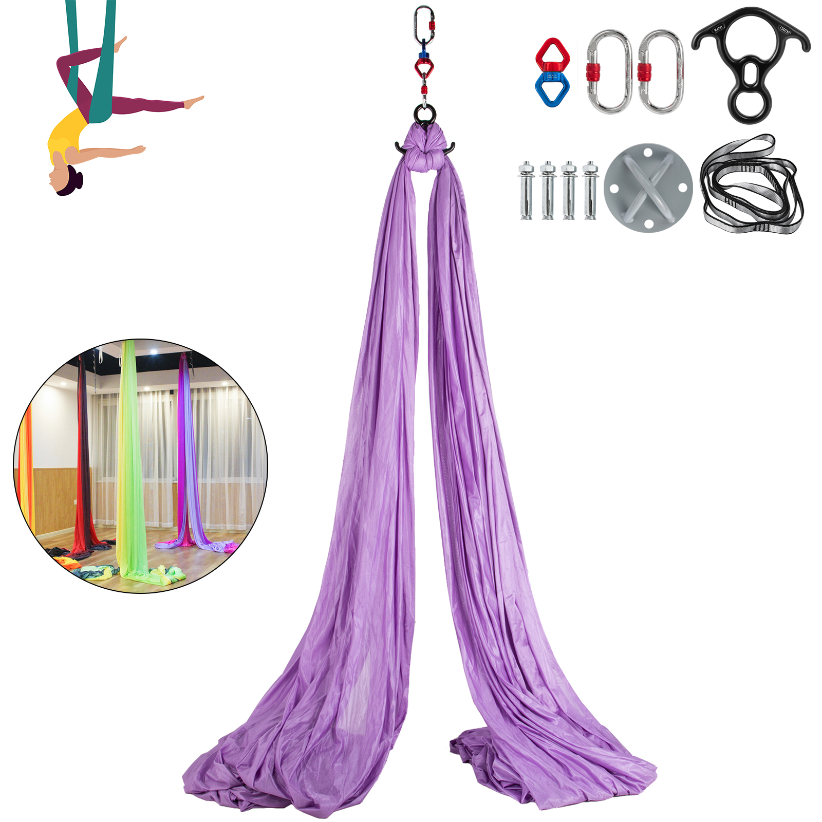 VEVOR Aerial Yoga Hammock Kit,11YD9.2FT Yoga Swing Set,Antigravity Ceiling  Hanging Yoga Sling with Carabiners Daisy Chain, Inversion Swing for Home  Outdoor Aerial Dance, Lavender