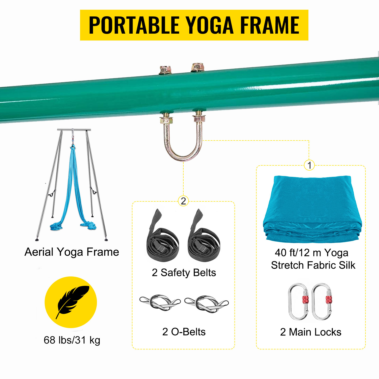 VEVOR Yoga Sling Inversion, 9.6 FT Height Inversion Yoga Swing Stand,Max  Capacity 551lbs/250kg Aerial Yoga Frame with 236in/6m Yoga Swing Inversion  Sling Body Bundle Safety Belts (Green, 19.6ft)