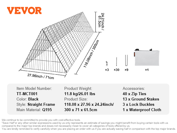 VEVOR Chicken Tunnels, 118.1 x 28 x 24.2 inch (LxWxH) Chicken Tunnels ...